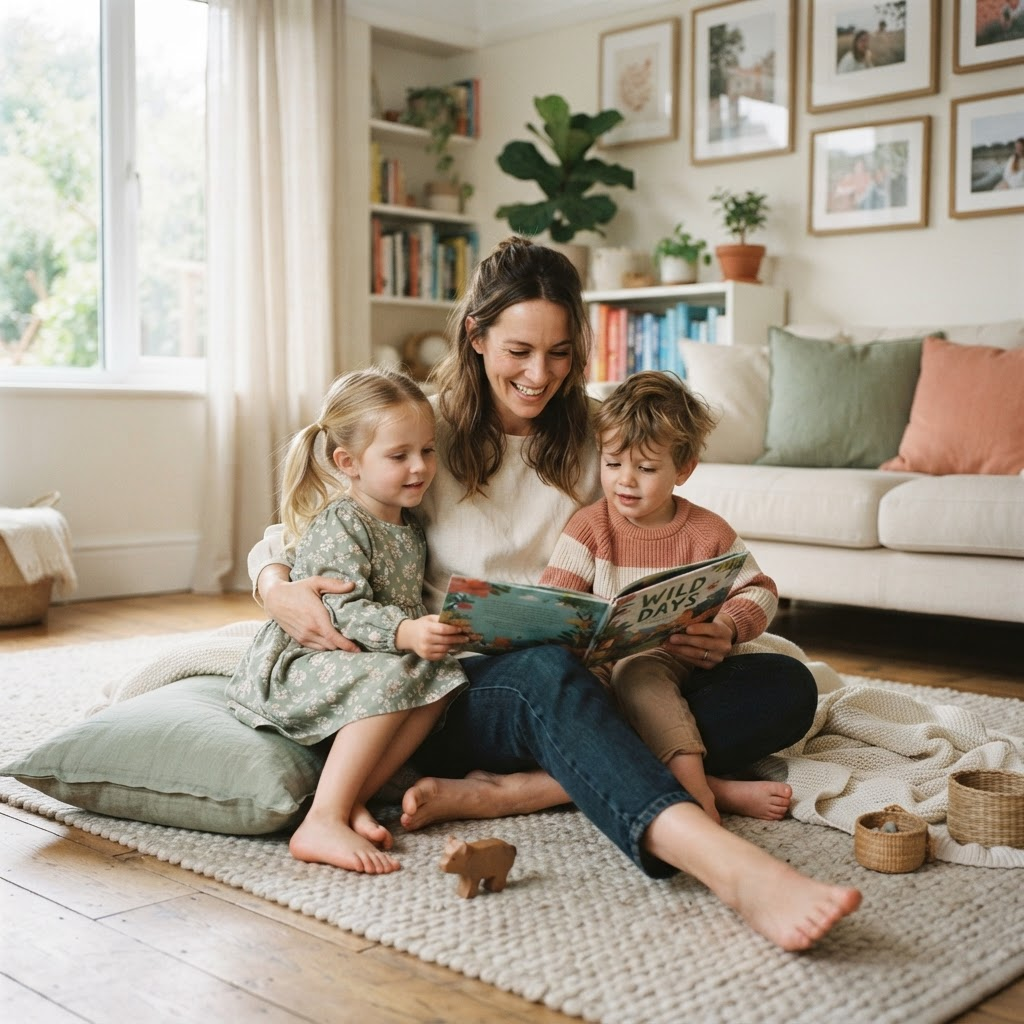Mother reading with two children in a warm, cozy living room